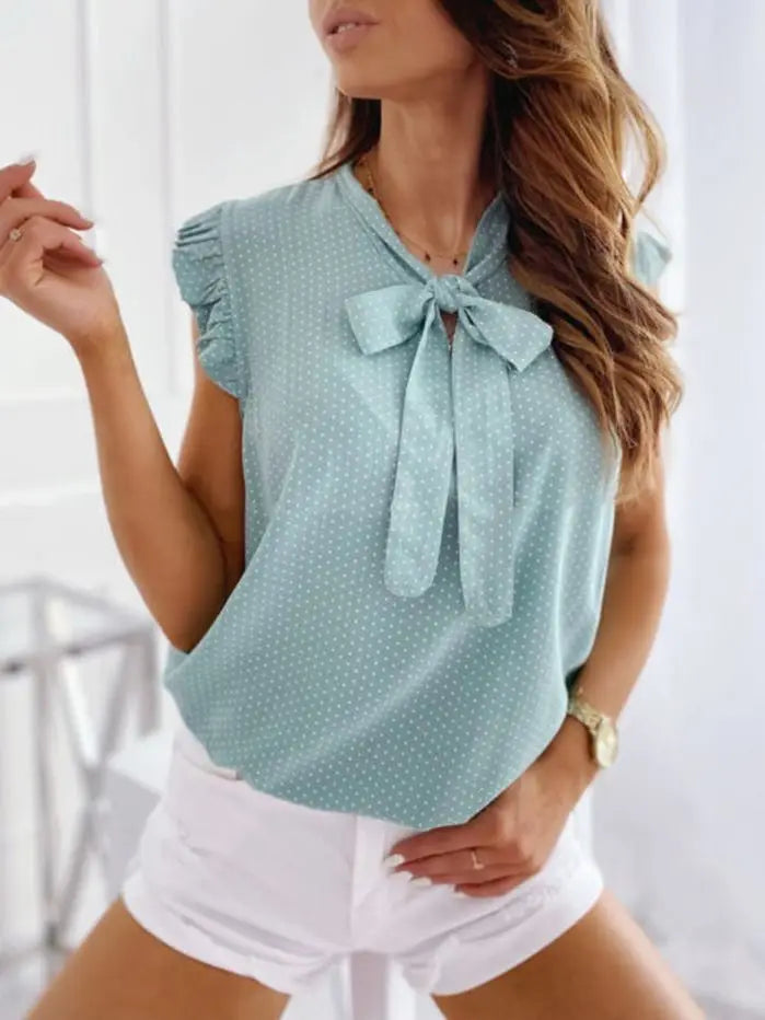 Sommerbluse mit Polka-Dots & Schleife – Elegante ärmellose Rüschen-Tunika